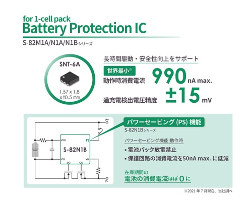 動作時消費電流を990nAに抑えた1セルのLiイオン2次電池用保護IC