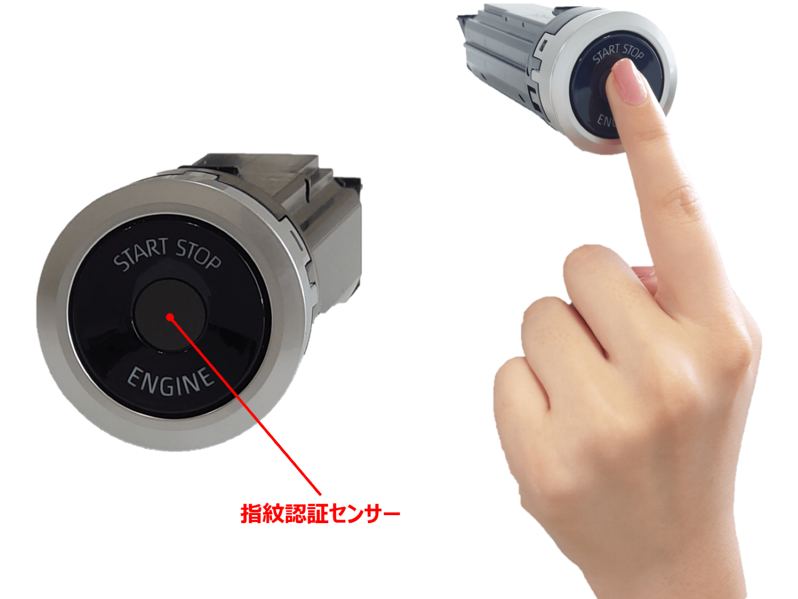 図1　東海理化が開発したスタートスイッチ 中央に指紋認証センサーを配置する。（出所：トヨタ自動車）
