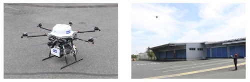 「自律運航AI」を搭載したドローンの外観（左）と離陸時の状況（右）