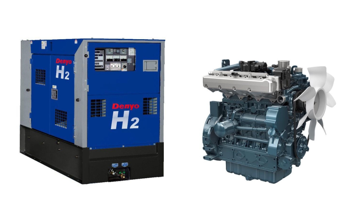  デンヨーが開発を目指す水素エンジン発電機と、クボタの水素エンジンのイメージ（出所：デンヨー、クボタ）