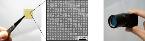 左は今回作製したメタレンズ、右はメタレンズを搭載したカメラ(出所:NTT)