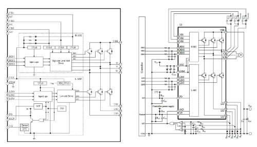 図4　新製品の機能ブロック図（左）と応用回路例（右）