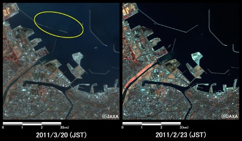 衛星画像によって災害発生時における港湾の被災状況を把握できる（出所：JAXA）