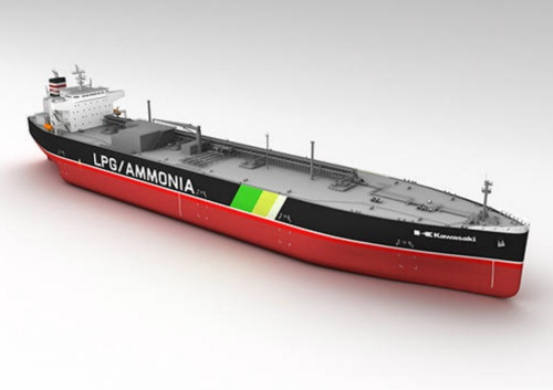 図　川崎重工が受注した燃料運搬船「86700m<sup>3</sup>型LPG燃料LPG/アンモニア運搬船」の完成イメージ