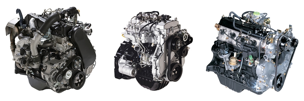 豊田自動織機のエンジン 左からディーゼルエンジンの「1KD型」「1ZS型」、ガソリンエンジンの「4Y型」。（出所：豊田自動織機）