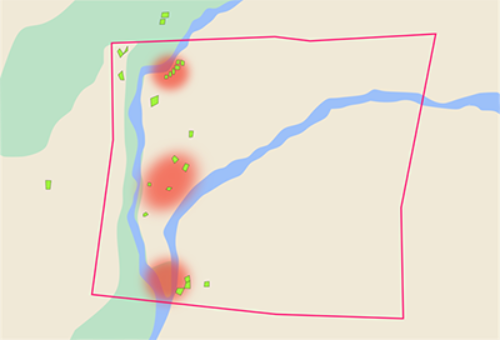 AIで予測した地雷埋設エリア（赤円）と実際に埋設されていた位置（黄緑点）、AIで予測するエリアをあらかじめ特定（赤四角枠）