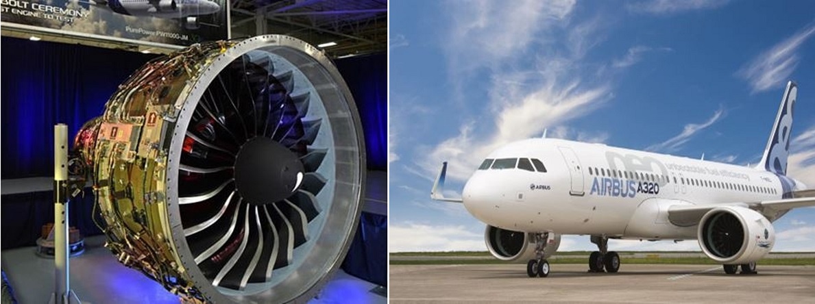 不具合が発覚したエンジン「PW1100G-JM」（左）と、同エンジンを搭載する欧州Airbusの民間航空機「A320neo」（右）